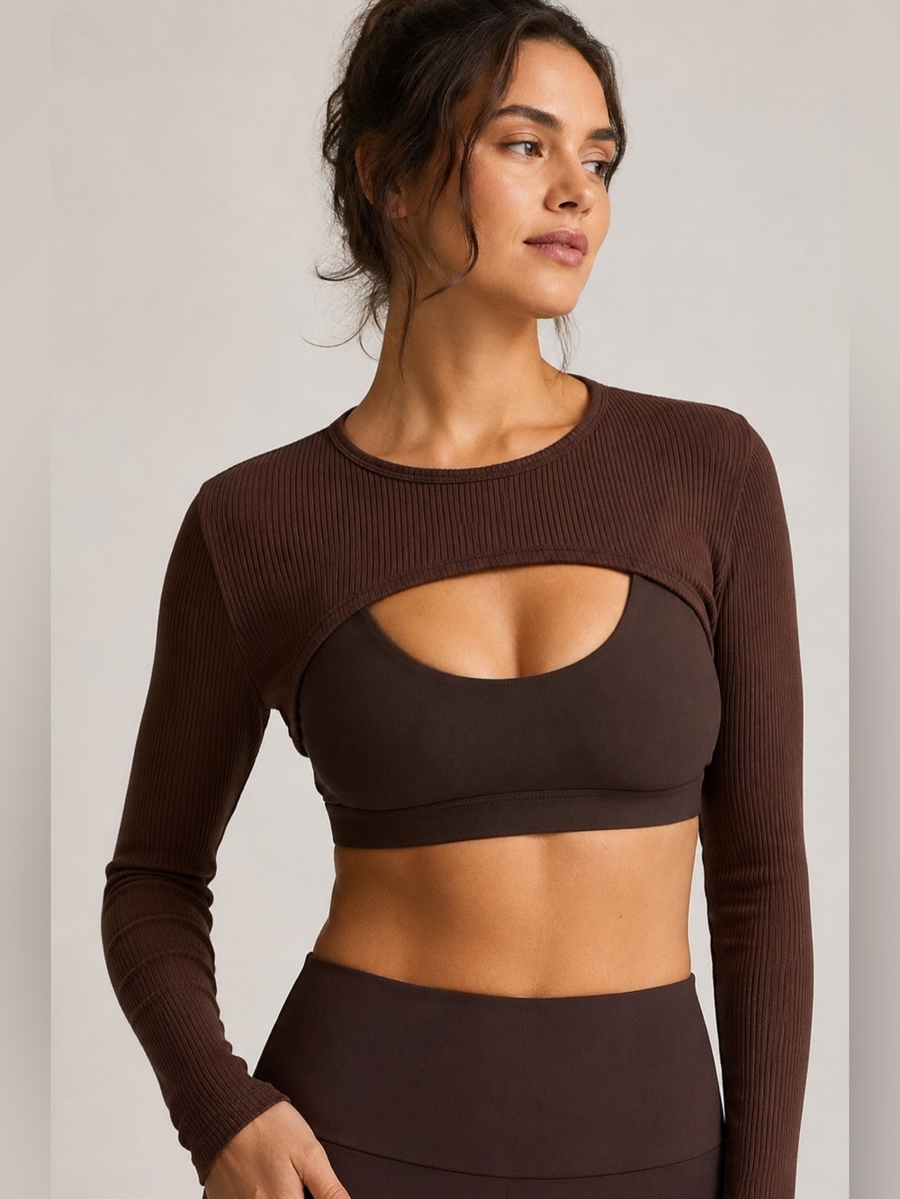 Beyond Yoga Brown Ribbed Cropped Long Sleeve Shrug Bolero Top Size Large